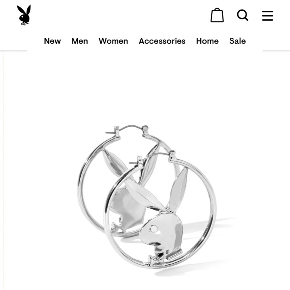 Silver brand new playboy hoops with bunny head. Large 1 1/2 inch diameter.